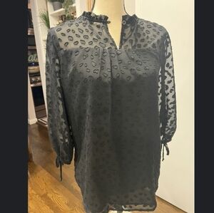 Papermoon Semi Sheer Blk Blouse W/ 3/4 Tie Sleeves Lined, Textured VGC Sz.2X